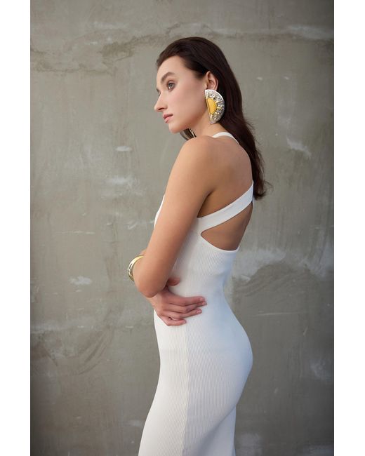 Monlicia White Azura Knit Crisscross Back Bodycon Midi Dress