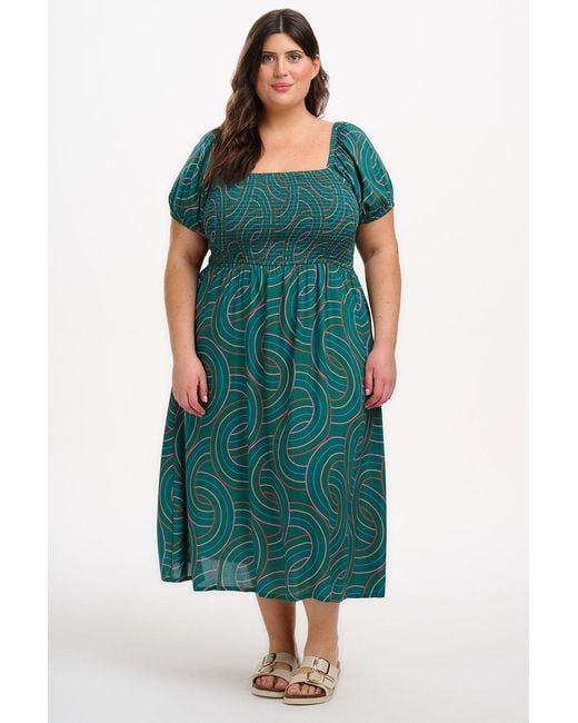 Sugarhill Blue Jolene Shirred Midi Dress, Concentric Circles