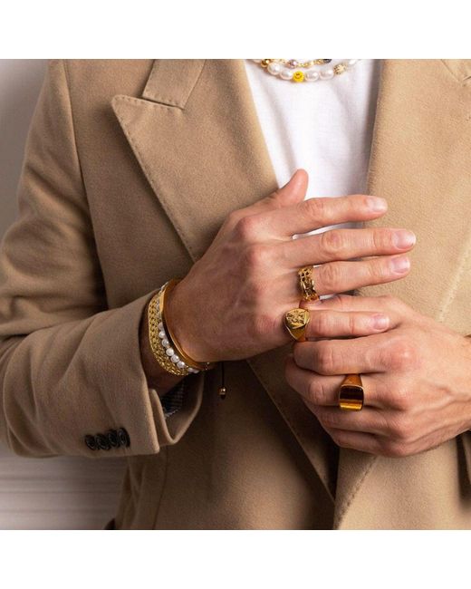 Nialaya Metallic Signet Ring With Tiger Eye for men