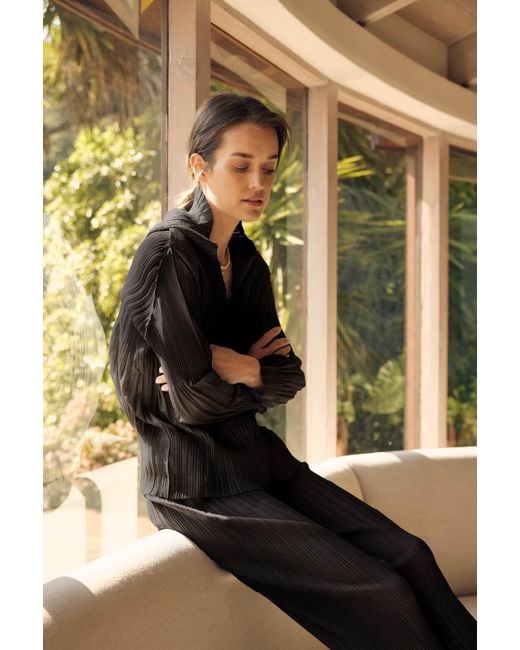 Wild Cosmos Black Vanessa Zip Up Hooded Plissé Satin Jacket