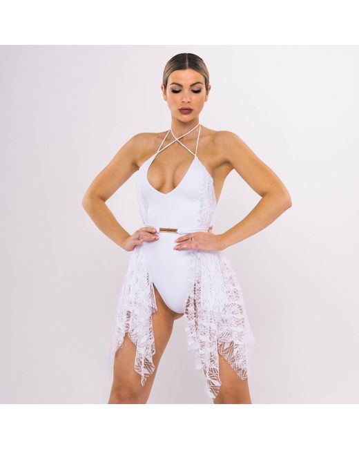 ANTONINIAS White Sumptuous Deep V One-Piece Swimsuit With Side Lace Detail And A Belt