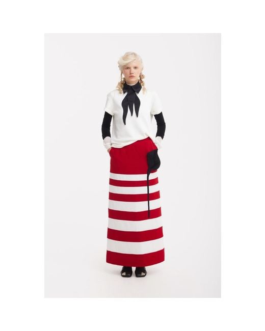 Julia Allert Red Contemporary Striped A-Line Skirt, Floral Detail–