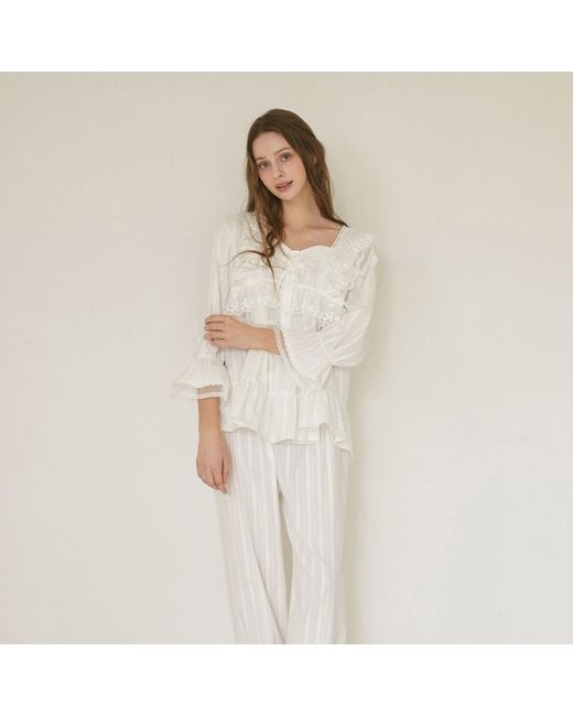 Luna Luz White Angelring Cotton Embroidered Square-Neck Long-Sleeve Pajama Set