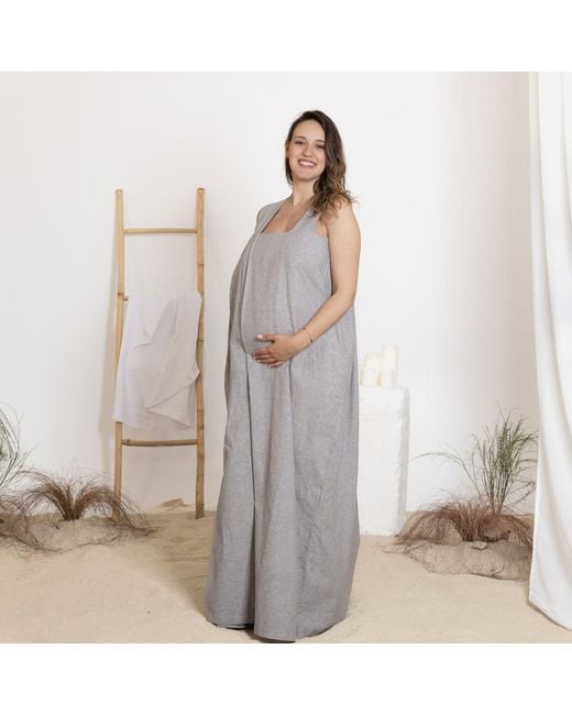 Nikka Place Gray Linen Maternity Kaftan Jumper Dress With Pockets