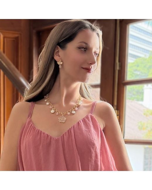 Farra Metallic Rose Quartz Flower Pendant With Pearls Chain Necklace
