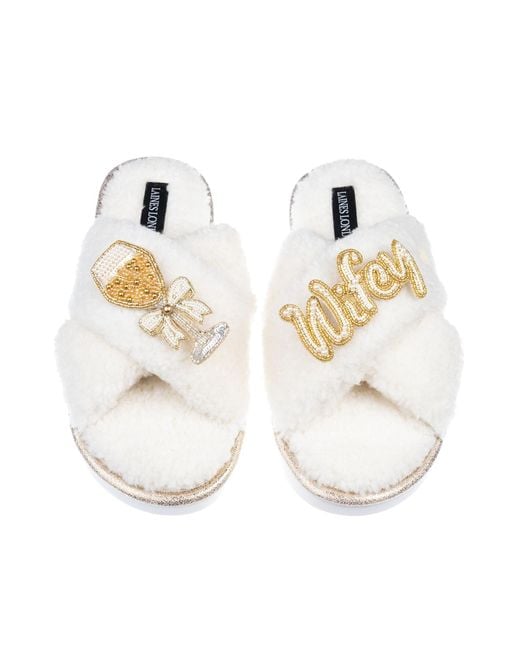 Laines London Metallic Neutrals Neutral Boucle Slippers With Wifey & Champagne Brooches