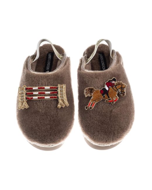 Laines London Brown Neutrals Flatform Cloud Closed Toe Slippers With Show Jump Horse Brooches