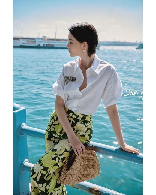 Exquise White Fish Print Embellished Shirt