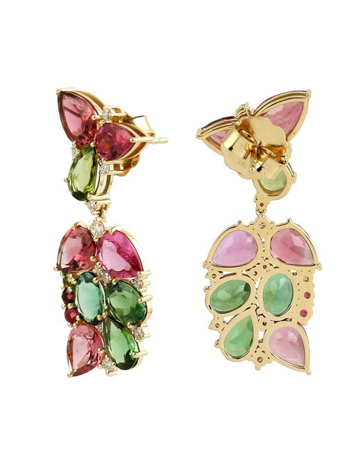 Artisan Metallic Colorful Tourmaline Gemstone Pave Diamond In 18k Solid Designer Dangle Earrings