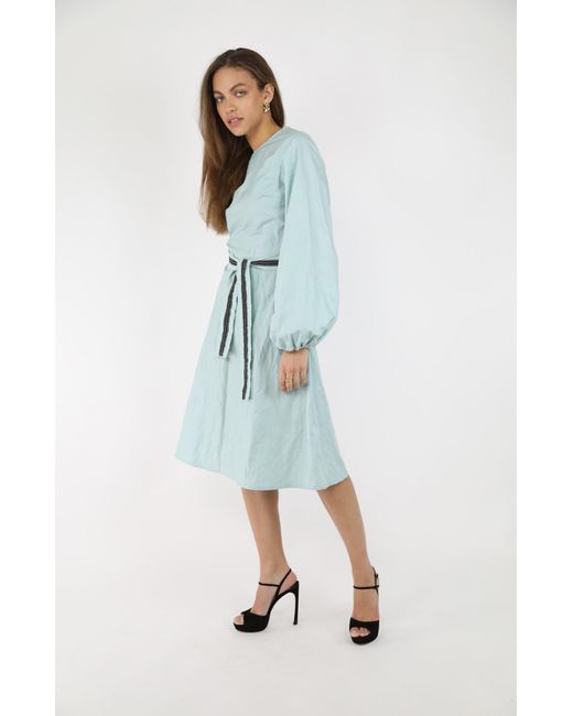 Gunda Hafner Ltd Blue Celeste Cotton Dress With Bell Sleeves And Embroidered Belt