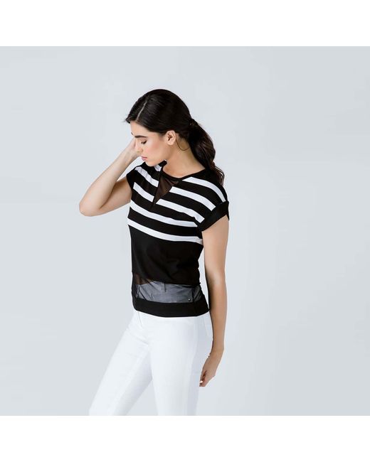 Conquista Black Striped Top With Sheer Detail