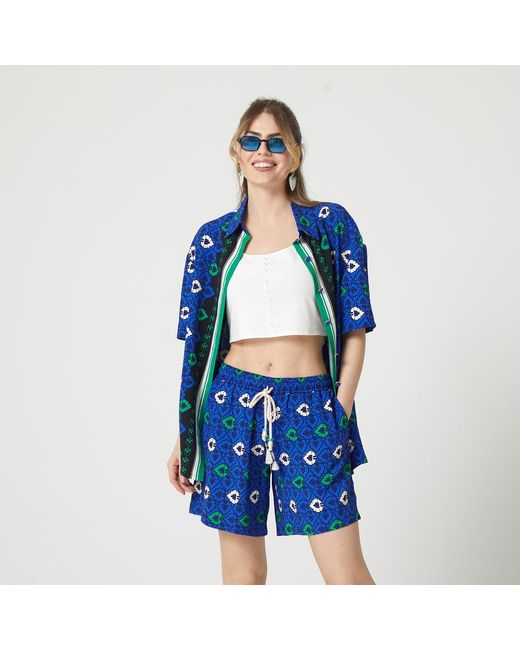 Lalipop Design Blue Abstract Print Viscose Short Sleeves Shirt & Crop Top Set