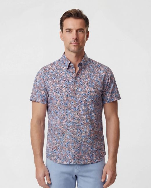 Lords of Harlech Blue Tim Floral Field Coral Printed Button Up Shirt for men