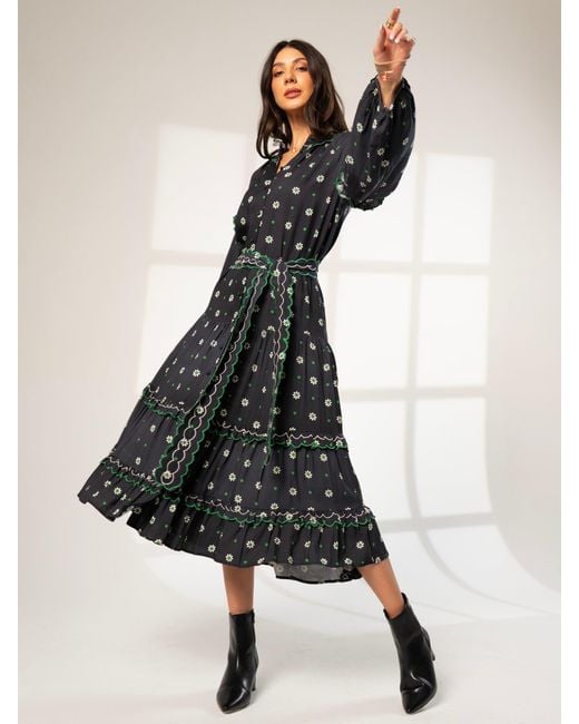 Rose & Nancy Black Joyce Daisy Polka Dot Midi Shirt Dress