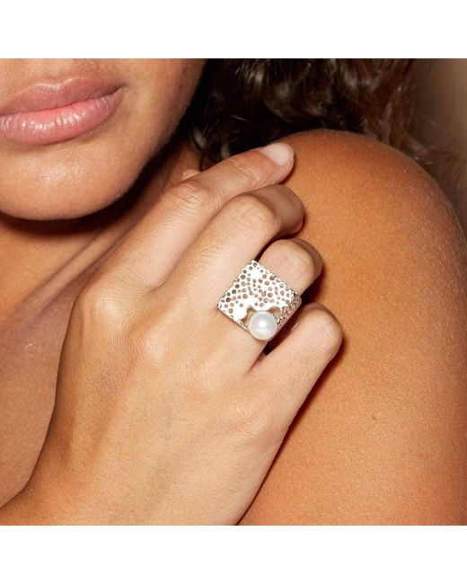 German Kabirski Metallic Devonia Irregular Sculptural Ring With Cultured Pearl