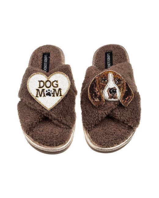Laines London Brown Neutrals Laines Neutral Boucle Slippers With Ziggy The Beagle & Dog Mum Mom Brooches