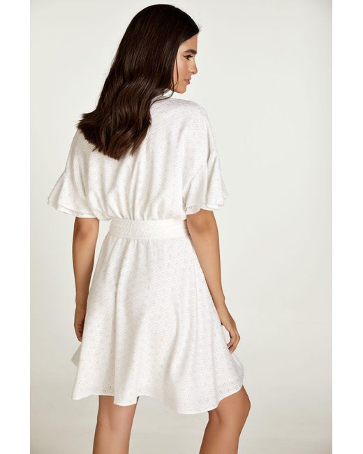 Conquista White Embroidered Dress With Ruffle Sleeves