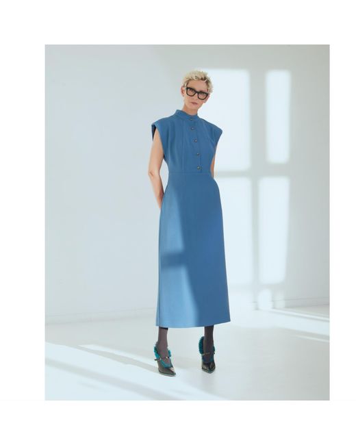 Julia Allert Blue Fitted Sheath Dress With Shoulder Pads Pale