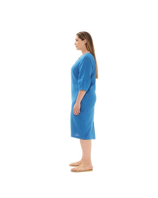 Haris Cotton Blue Keyhole Neckline Midi Linen Dress With Three Quarter Sleeve