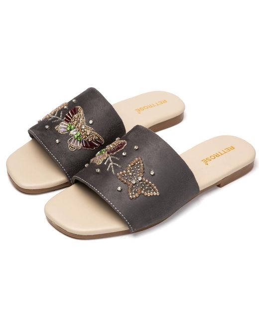 Rettrose Gray Saylor Luxury Plush Diamanté Embellished Handmade Sliders