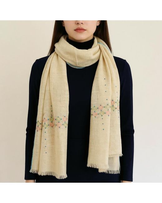 Heritagemoda Neutrals Natural Undyed Pashmina With Hand Embroidery
