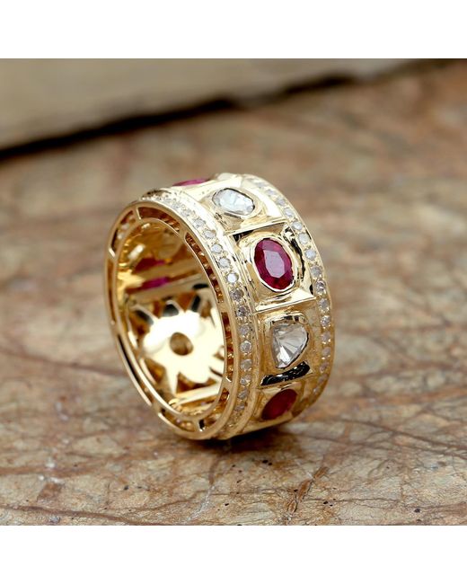 Artisan Metallic Natural Diamond Ruby Trendy Band Rings 18k Yellow Gold Handmade