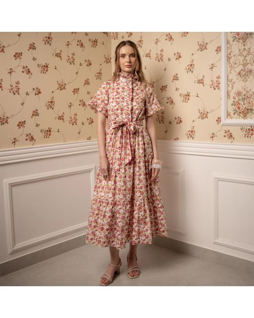 Echo of Pink Pink Sofia Ruffled Neck Hand Block Print Cotton Dress