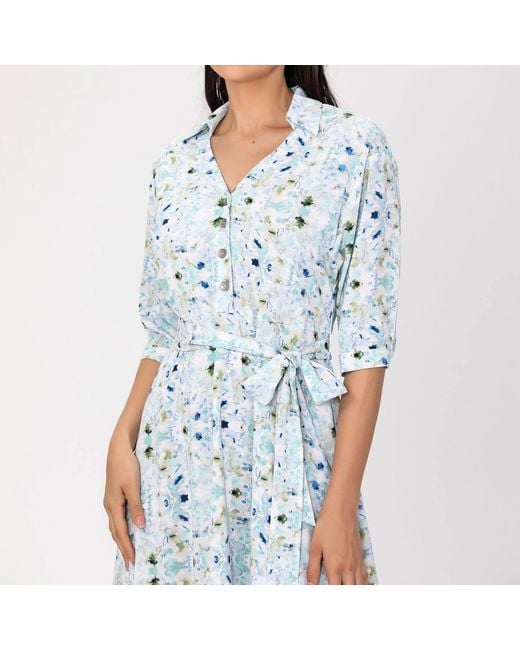 Smart and Joy Blue V Neckline Floral Print Shirt-Dress -Light