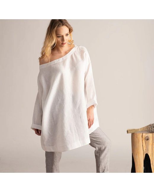 Nikka Place White Linen Summer Tunic With Off Shoulder And Long Sleeves