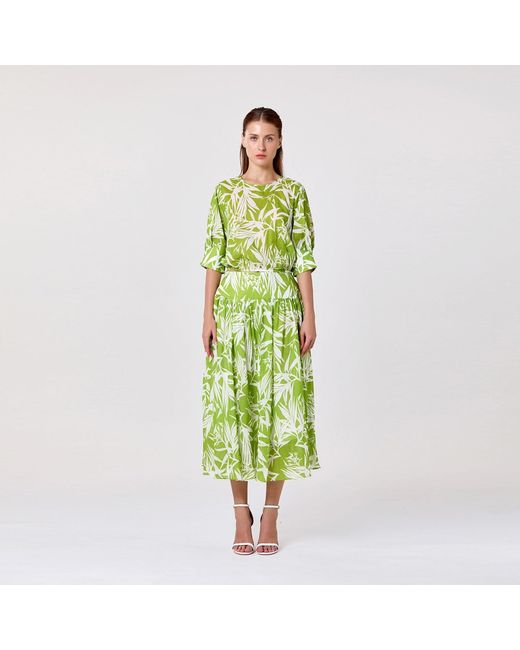 Smart and Joy Green Midi Cotton Skirt With Leaf Print