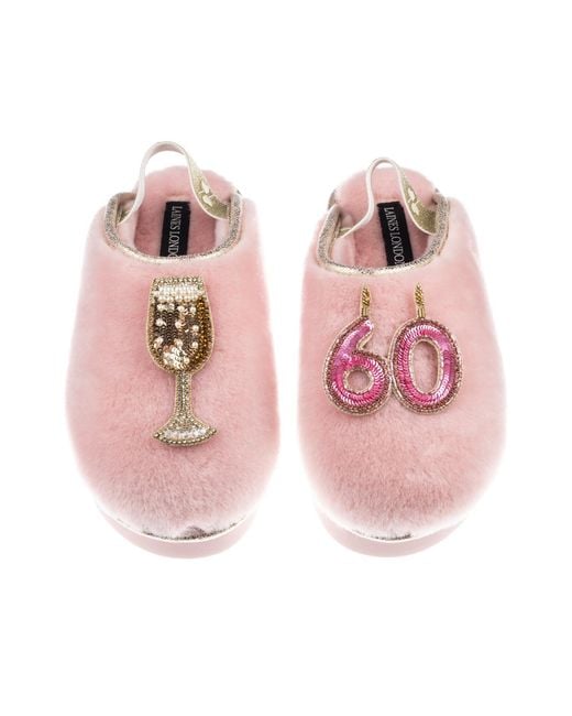 Laines London Pink Flatform Cloud Closed Toe Slippers With 60Th Birthday & Champagne Glass Brooches