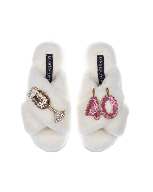 Laines London White Classic Laines Slippers With 40Th Birthday & Champagne Glass Brooches