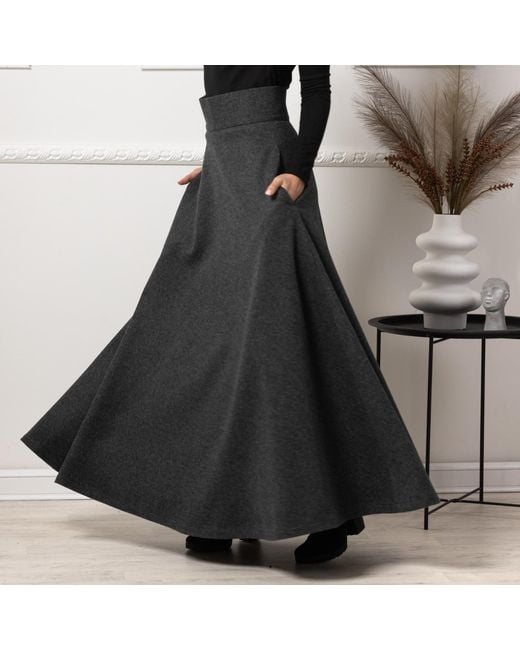 Nikka Place Black Long Wool A-Line Skirt With High Waist And Pockets