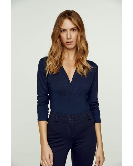 Conquista Blue Long Sleeve Faux Wrap Top