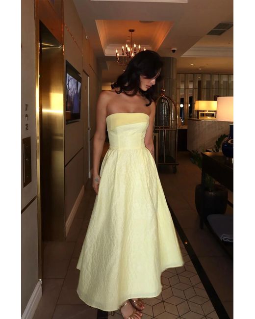 POST MERIDIEM Yellow Jacquard Midi Dress With Satin Turn-Up
