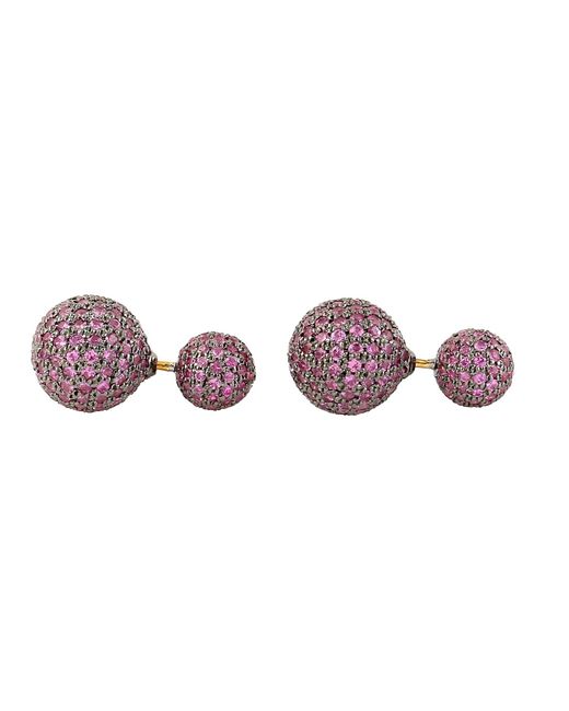 Artisan Purple 18k Gold With 925 Silver In Pave Pink Sapphire Bead Ball Double Tunnel Earrings