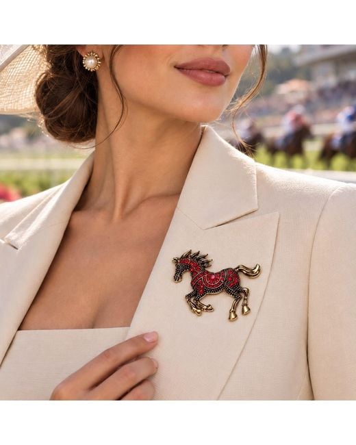 By Ozge Red Crimson Spirit Crystal Equestrian Statement Brooch