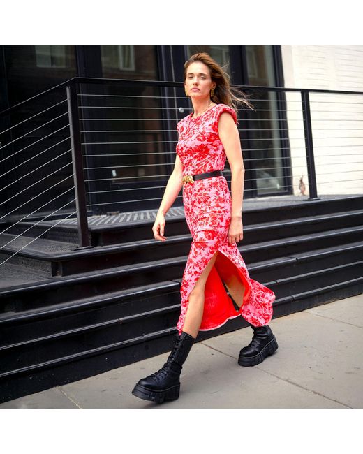 L2R THE LABEL Pink Shoulder Pad Printed Mesh Dress