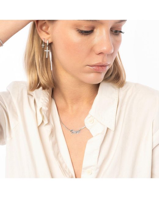 Spero London Metallic Full Pave Cross Sterling Drop Hoop Earring