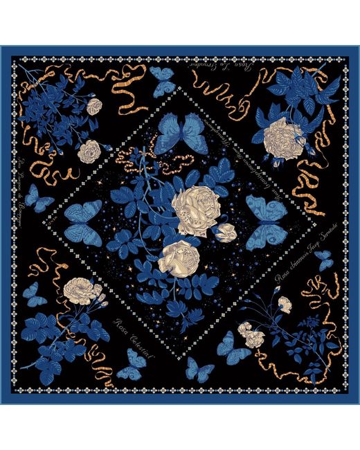 Wenzi Blue Midnight Roses Hand Painted Pattern Double Sided Silk Twill Scarf