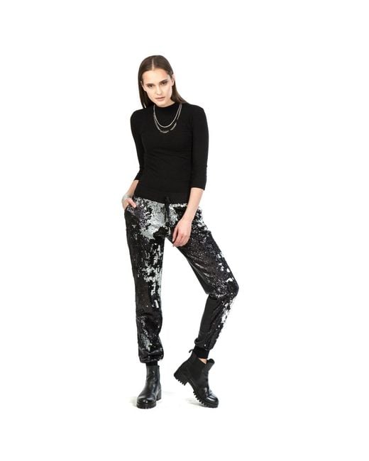 Lalipop Design Double-sided Sequined Black Faux Leather Track Pants