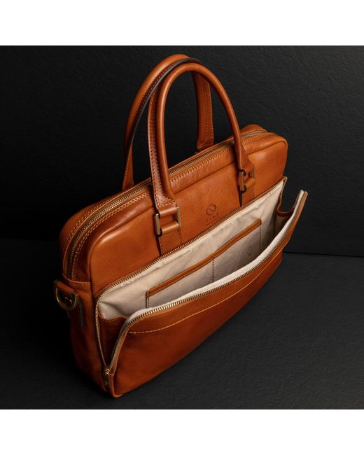 Time Resistance Brown Cognac Leather Briefcase Laptop Bag