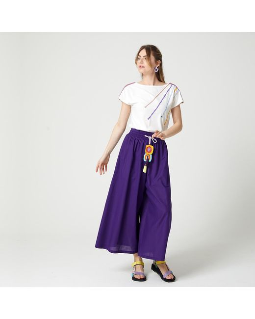 Lalipop Design Purple Cropped Wide-Leg Voile Pants With Crochet Belt