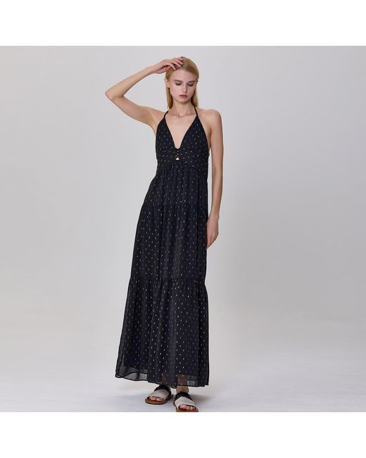 Smart and Joy Black Tiered Panels Backless Strappy Maxi Dress