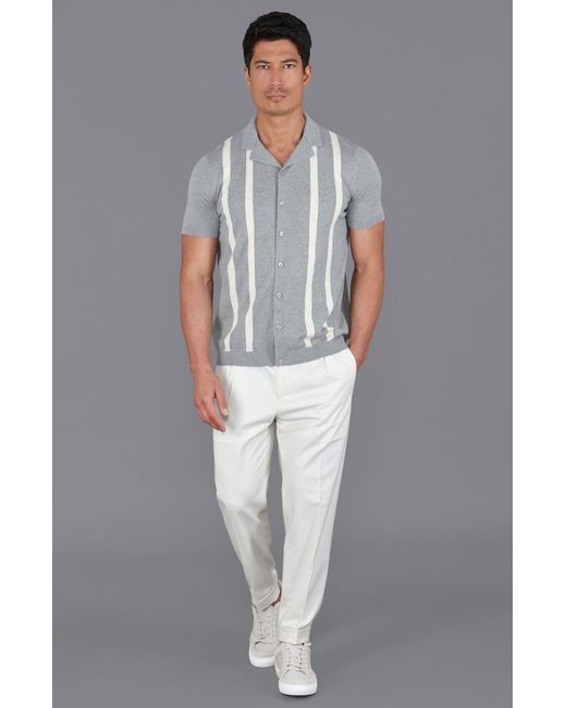 Paul James Knitwear Gray Ultra Fine Cotton Delgado Cuban Collar Striped Shirt for men