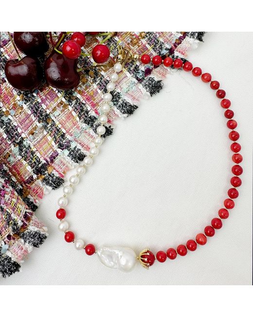 Farra Red Freshwater Pearls And Coral With Baroque Pearls Elegant Necklace