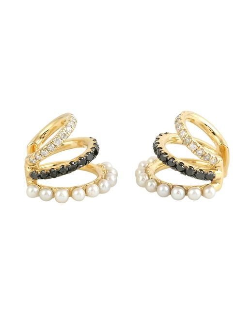 Artisan Metallic Pearl, Diamond & Diamond Cuff Huggie Earrings