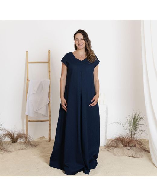 Nikka Place Blue Linen Maternity Maxi Dress With Back Tie And Pockets