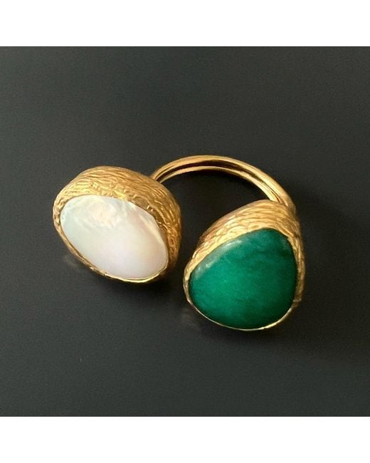 Ebru Jewelry Multicolor Double Gemstone Pearl & Jade Gaia Ring