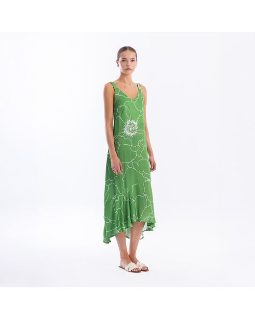 Haris Cotton Green Printed Satin Maxi Dress With Straps And Ruffled Hem Peonies